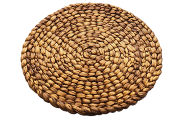 Round woven water hyacinth mat against a transparent background