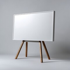 White framed display on wooden easel against grey background