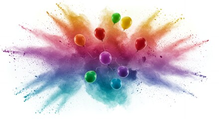 Colorful explosion of powder with floating vibrant balloons in a rainbow of hues against a bright white background, celebrating joy and festivities.