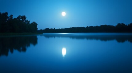 A serene lake at night, bathed in the soft glow of a full moon.  Dark silhouettes of trees border the still water.  Reflections of the moon perfectly mirror on the surface