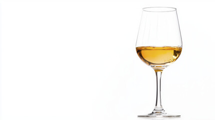Clear glass of white wine sits elegantly on white background, showcasing its golden hue and inviting bubbles