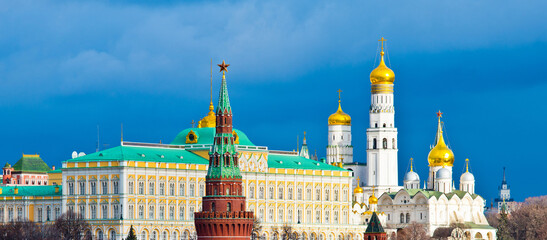 Moscow Kremlin view in winter day. Black clouds and sun light. Moscow. Russia