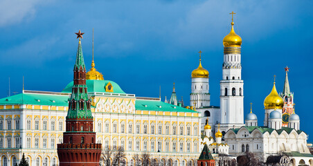 Moscow Kremlin view in winter day. Black clouds and sun light. Moscow. Russia