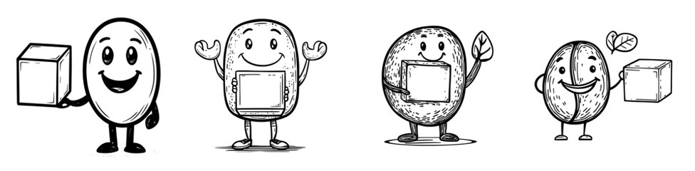 A cheerful coffee bean character with a sugar cube is depicted as a cartoon, often found in fast food restaurants serving hot drinks, and can be considered a modern and funny personage in a