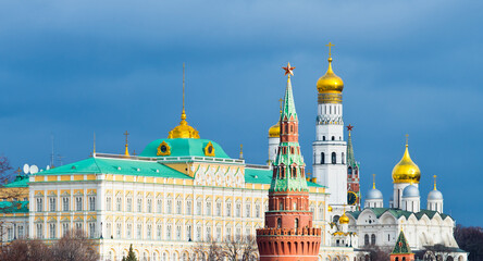 Moscow Kremlin view in winter day. Black clouds. Moscow. Russia