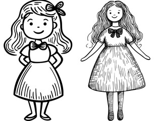 Fototapeta premium A cheerful rag doll, distinguished by its vibrant red curly locks, a turquoise bow, and a charming ensemble consisting of a pink dress and light blue shoes, exudes joy and stands with a smile,