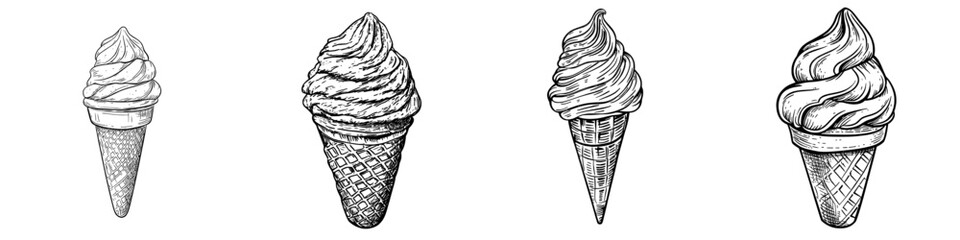 A hand-drawn sketch of ice cream in a waffle cone is depicted in isolation, showcasing a modern whipped sundae dessert made of frozen gelato