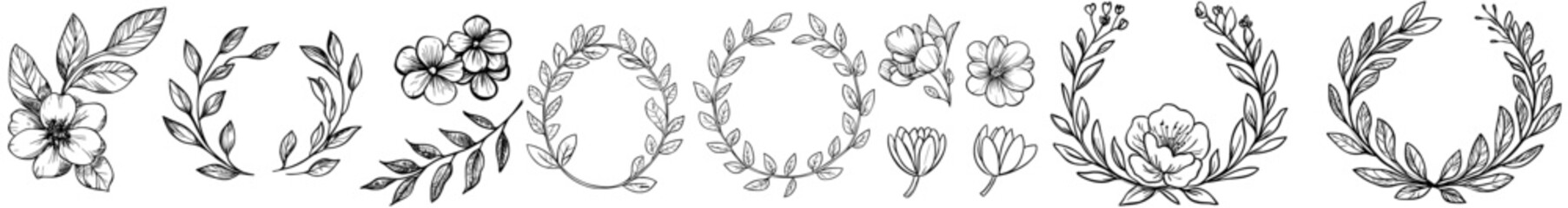 Modern isolated set of elegant decorative plants frames and monogram ornamental dividers for wedding invitation card, including floral borders and dividers