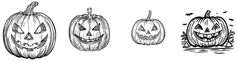 A halloween pumpkin face is depicted in minimalist modern illustration style, featuring a frightening expression with pointed teeth and slanted eyes, perfect for halloween decor