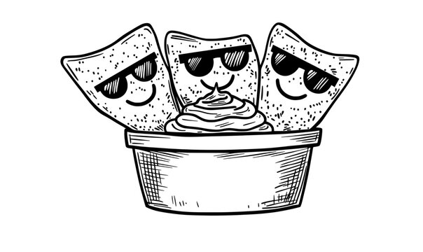 In an isolated cartoon setting of modern retro playful Mexican tex mex food, crunchy snacks like nachos chips surrounding a bowl of salsa display joyful expressions, evoking a retro funky party