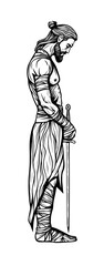A bearded warrior is depicted standing with a sword, showcasing a robust profile