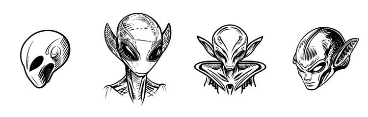 Black and white alien head silhouette icon symbolizing extraterrestrial life and mystery