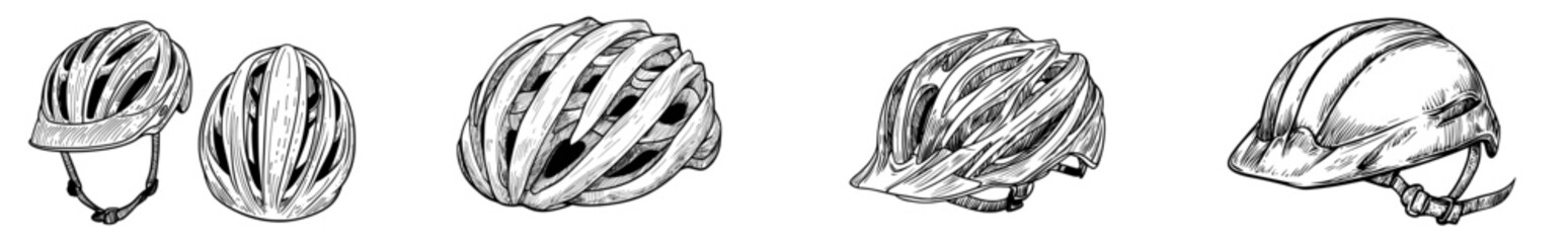 Fototapeta premium Modern illustration in black and white depicts a bicycle helmet with contemporary design and contours