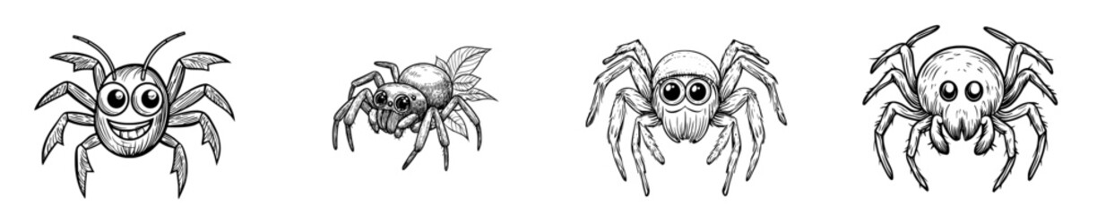 Illustration of a black and white cartoon spider with large eyes and intricate leg details