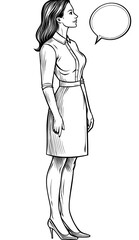 The image shows a woman standing upright while talking, accompanied by a speech bubble over her head
