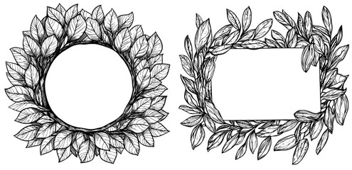 A circular wreath of leaves and berries is presented in an elegant black silhouette design