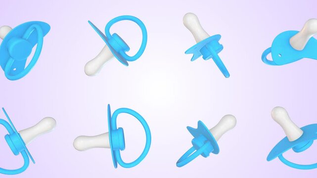 Baby Pacifiers Falling on a Light Background. Stylized Pacifiers 3D Animation. 4K 