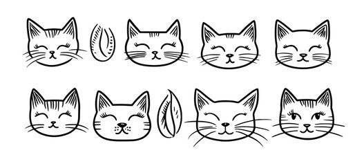 The silhouette of a black cat is formed by a pattern of repeating feline faces on a white background