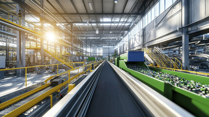 Obraz premium Modern industrial facility showcasing conveyor belt system recycling plant, filled with materials ready for processing. bright sunlight streams