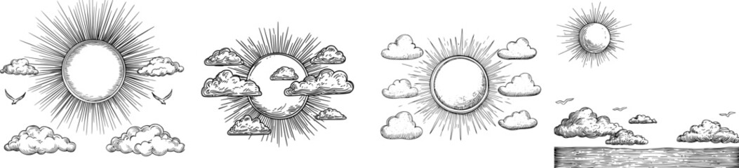 A simple black outline of the sun emerging from behind puffy clouds with rays