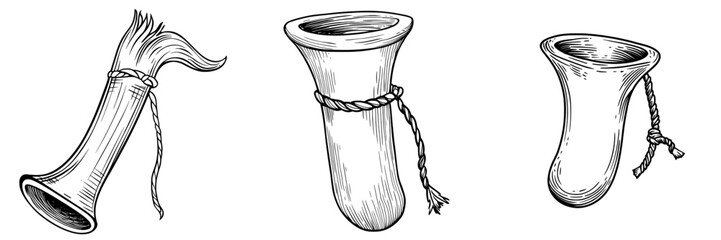 A hunting horn icon is depicted in a modern isolated style, showing an ivory horn on a lanyard along with hunting equipment and ammunition