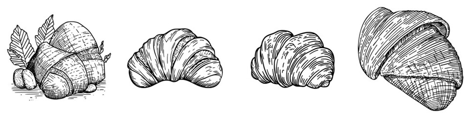 The croissant is a crescent-shaped roll that is a sweet pastry isolated from other baked goods, typically found in a modern French bakery as a dessert