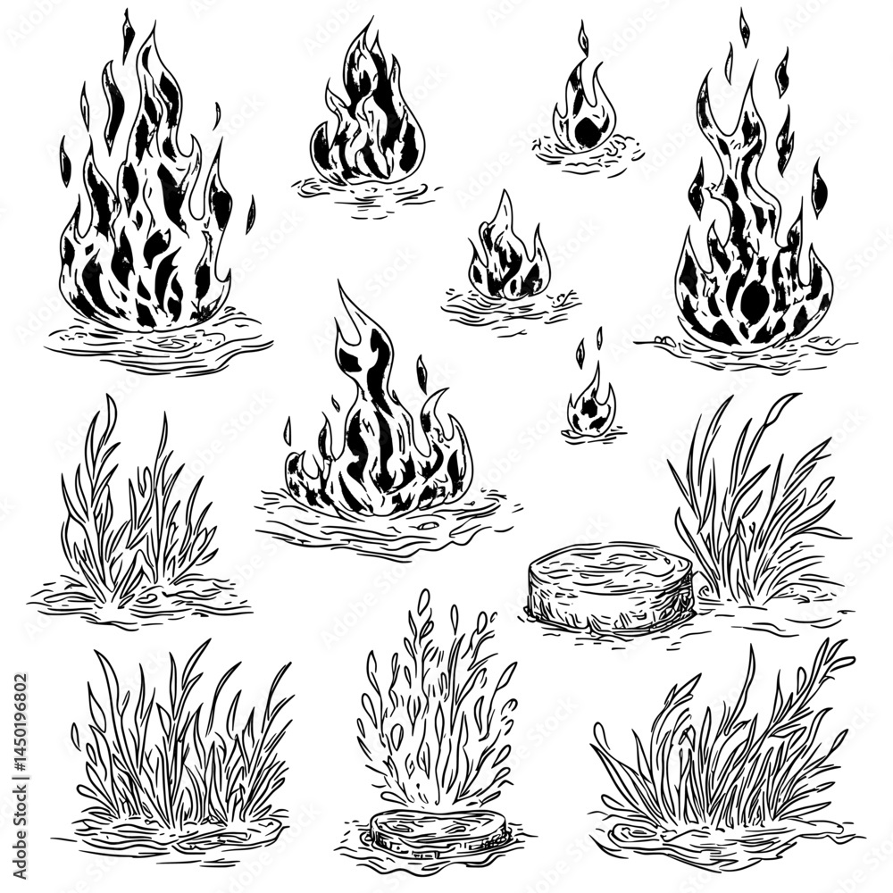 Poster modern animations feature isolated frames of fire animation, including flaming flames, fiery blazes,
