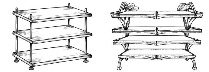 A 3D white metal model showcases a trade shelf, shop rack, and an isolated realistic store display and product showcase stand, incorporating a supermarket display stand or warehouse shelving racks © Антон Сальников