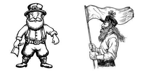 A modern man wearing a hat adorned with lucky clover stands alongside an isolated Irish gnome in green, accompanied by the flag of Ireland, resembling a leprechaun