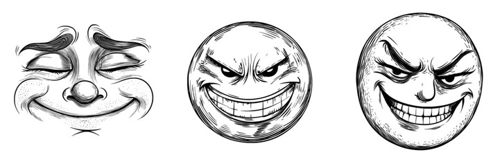 A wicked emoticon featuring an angry smile and an isolated psycho face represents a modern toothed maniac psychopath emoji