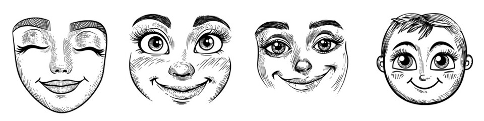 A smiling emoji symbol representing a kind emotion is isolated and depicted as a face, showcasing a modern smiling old emoticon in line art that signifies a good mood