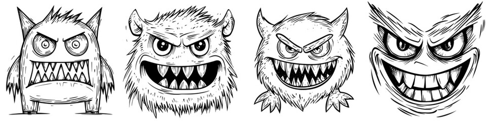 A modern icon of a monster face is depicted as an isolated cartoon emoji, representing an angry demon and embodying the spooky emotions of Halloween, characterized by a roaring devil with sharp fangs