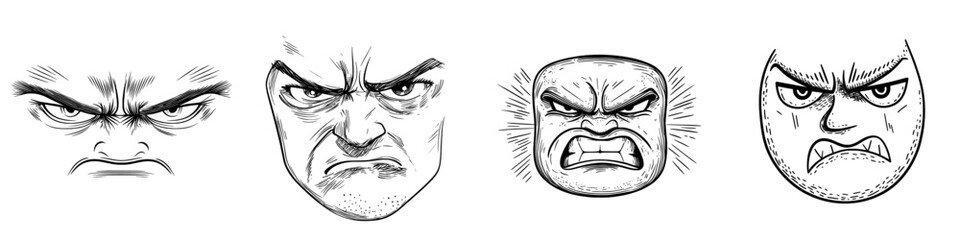 The modern icon is a cartoon face emoji characterized by angry eyes and gnashed teeth, conveying negative emotions and angry feelings through its toothy mouth, set against a white background