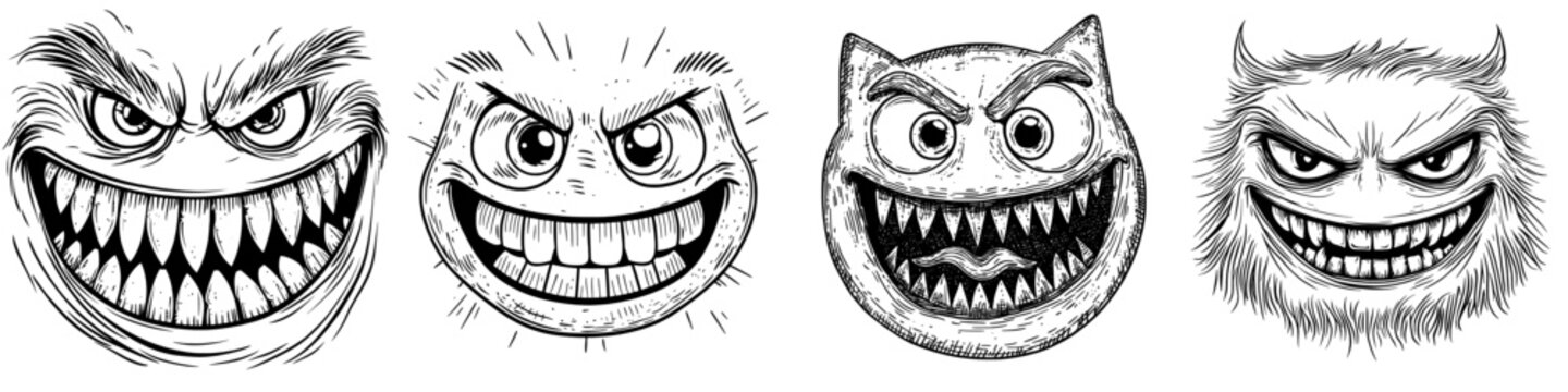 A modern cartoon icon of a monster face is depicted with a creepy creature emotion, characterized by a predatory gloat smile, squinted green eyes, and a toothy mouth, isolated on a white background