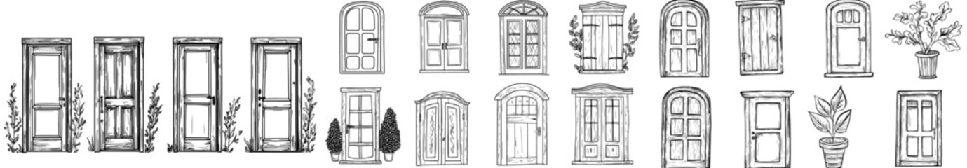 A set of modern door designs featuring cartoon vintage houses with wooden doorways, glass windows, and framed entrances equipped with doorknobs
