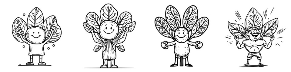 A cartoon character of a spinach sportsman showcases strength, a humorous display of a green vegetable's muscular abilities in a modern setting, set against a white background with themes of