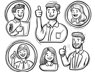 The facehole is occupied by people, and surprised onlookers are visible through round holes, window apertures, and a thumb is pointing out of a round hole, comprising a set of modern isolated cartoon