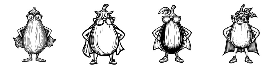 A cartoon eggplant superhero stands alone as a modern icon, depicted as a humorous vegetable wearing a cloak and mask with its arms akimbo, symbolizing a fairytale character who promotes healthy food