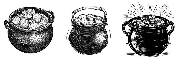 A modern icon featuring a pot of gold, symbolizing a leprechaun's treasure, is depicted as a cauldron filled with golden coins on a white background, representing an isolated Irish St. Patrick's Day © Антон Сальников