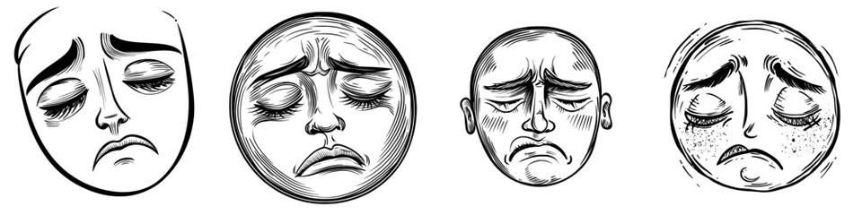 A modern cartoon face suspecting emoji is depicted with a sullen expression, characterized by closed eyes and a closed mouth, conveying doubt and isolated on a white background