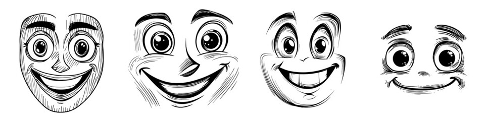 A modern cartoon face icon is depicted with a wide smile, showcasing a funny and stupid creature with a happy emotion, characterized by a toothy smiling mouth and round eyes