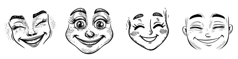 A modern cartoon smiling face emoji is depicted with a funny and friendly scenery, accompanied by a smile and round eyes, conveying happy facial expressions and positive feelings on a white