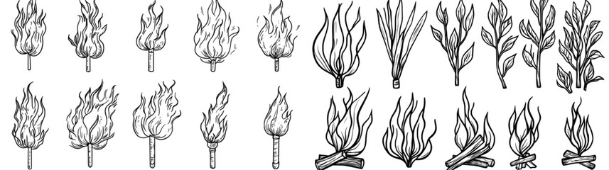 The modern set includes cartoon fire flames, fireball flame, red hot fire, and silhouettes of campfire flames