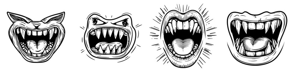A smiling monster with sharp fangs and modern vampire jaws, alongside a cartoonish scary mouth with long pointed teeth, depicting a laughing alien or beast on a white background