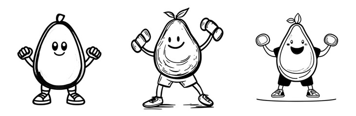A modern cartoon icon of an avocado engaged in sports is depicted working out with dumbbells, exemplifying a healthy and active lifestyle