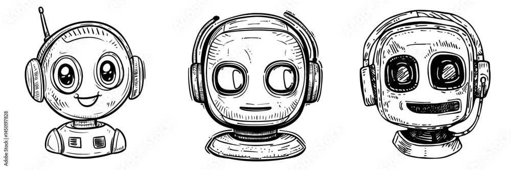 Poster the concept of a virtual online help service is exemplified by a robot chatbot in earphones, accompa
