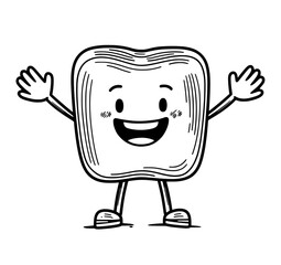 A cartoon character depicting a happy human tooth with a comical personality is shown smiling and waving its hands, representing good oral health in a modern and isolated setting