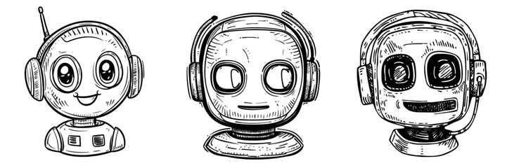 The concept of a virtual online help service is exemplified by a robot chatbot in earphones, accompanied by a typing message sign, and is part of a modern mobile application chatbot communication