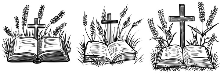 The Christian Catholic Holy book and crucifix symbol are depicted as a modern icon of Christianity, with a cross and trees growing out of an open Bible, set against a white background