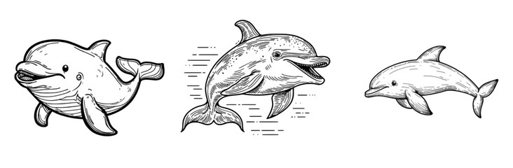 A cartoon dolphin, a sea animal with a modern and smooth blue skin, is isolated in the ocean surrounded by fish